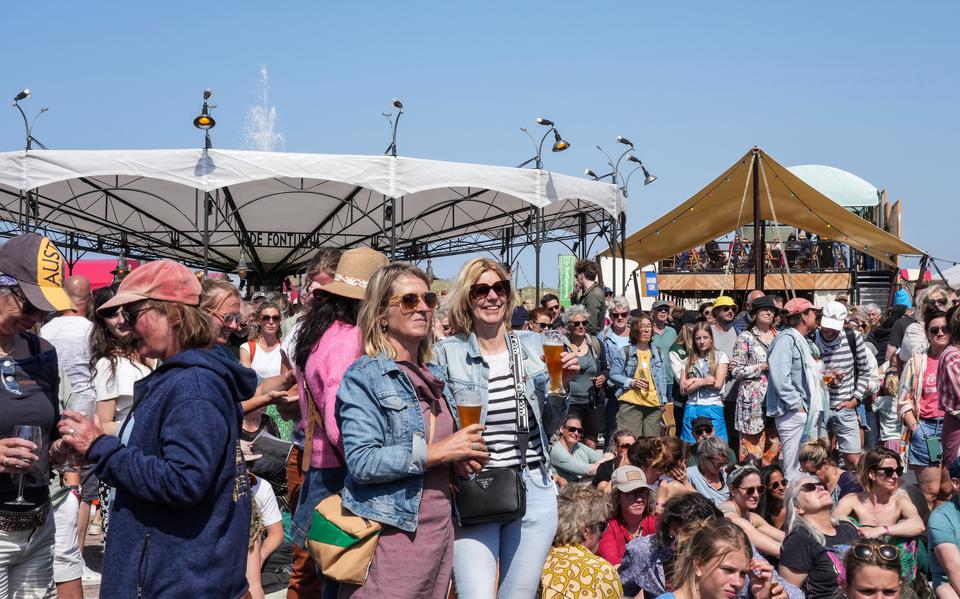 Een grote groep mensen die met een drankje in de hand genieten van de zon en een optreden op festivalhart de Deining.