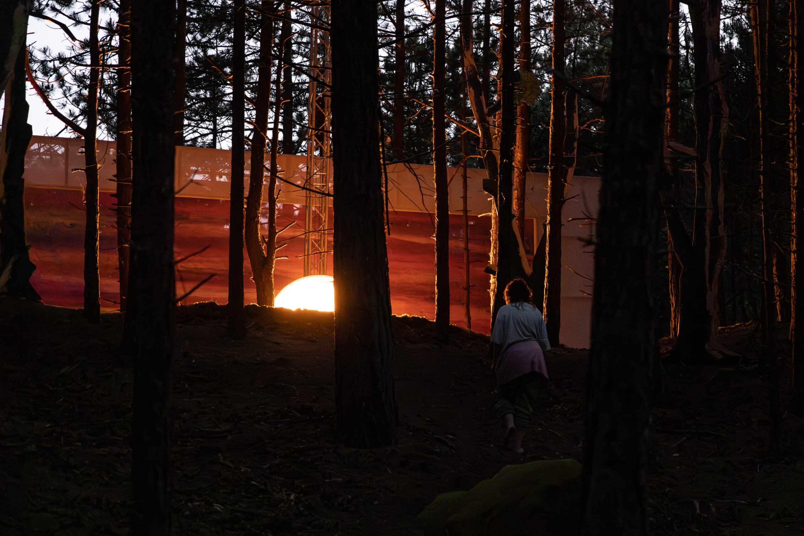 De zon komt op in het bos, een voorstellingsbeeld uit Sunrise Experience van theatergroep House of Nouws gespeeld op Oerol 2023